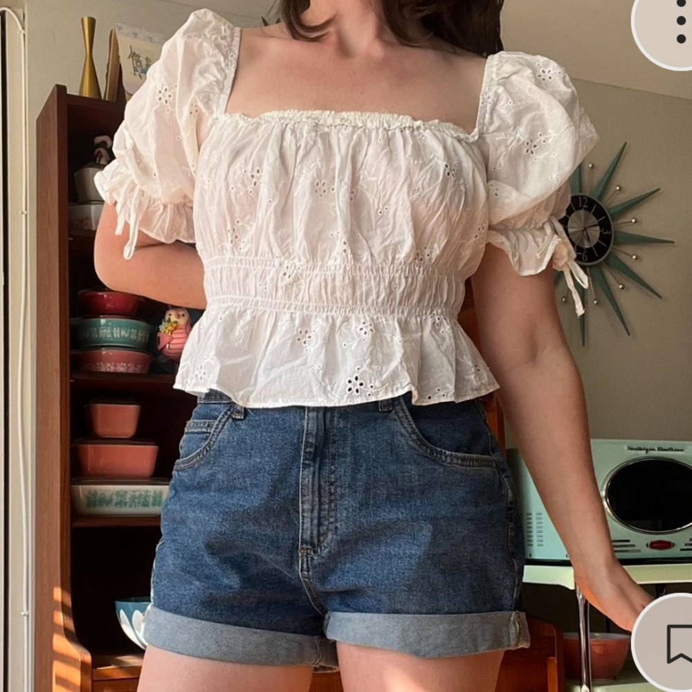 H&M Puff Sleeve White Eyelet Blouse, size L